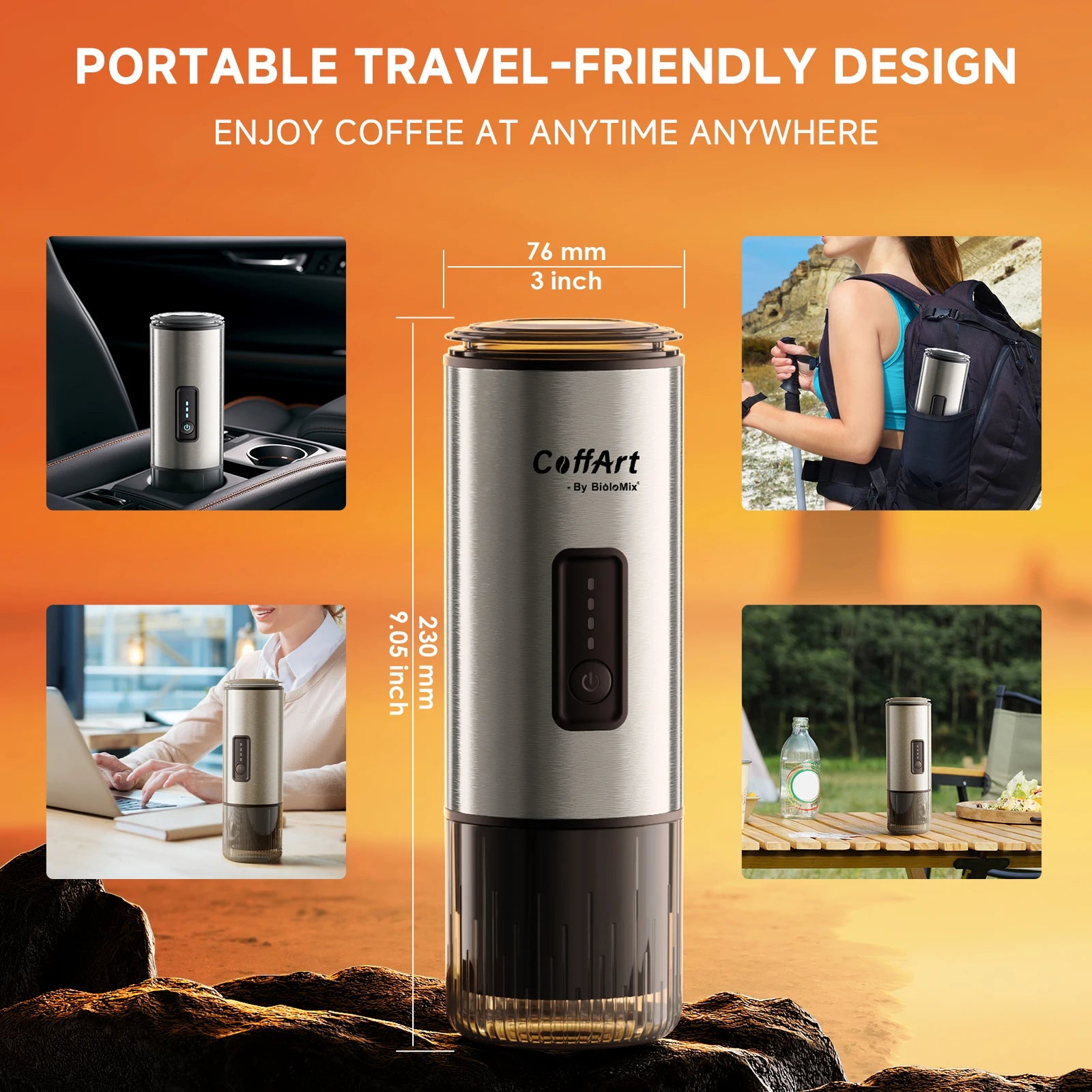 CoffArt by BioloMix portable stainless steel travel coffee maker, 9.05 inch tall, for car, camping, and office use.