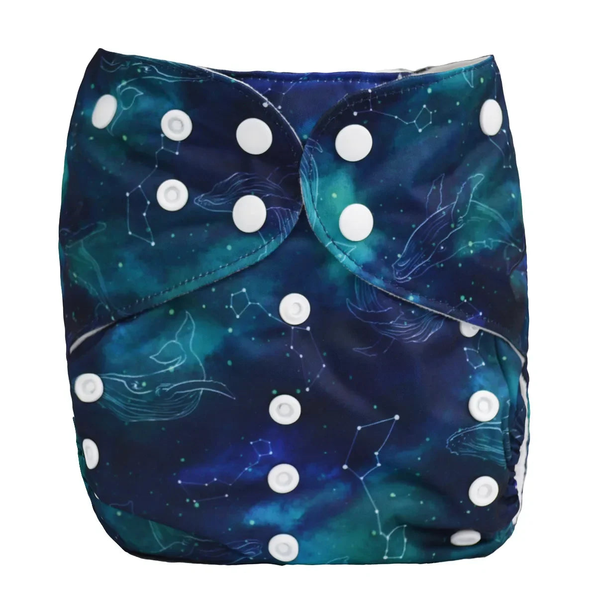 Reusable cloth diaper with white snap closures, featuring a blue and green whale galaxy pattern.