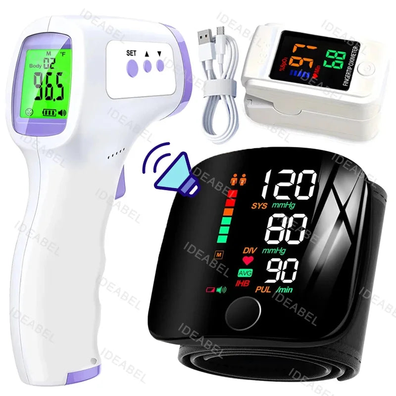 Wrist Blood Pressure Monitor LED Rechargeable English Voice Broadcast Tonometer BP Monitor Forehead Digital Thermometer