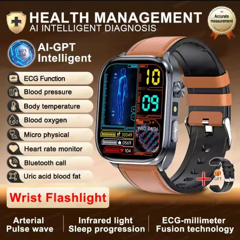 Smartwatch with brown leather strap and dark face, blue body outline on display
