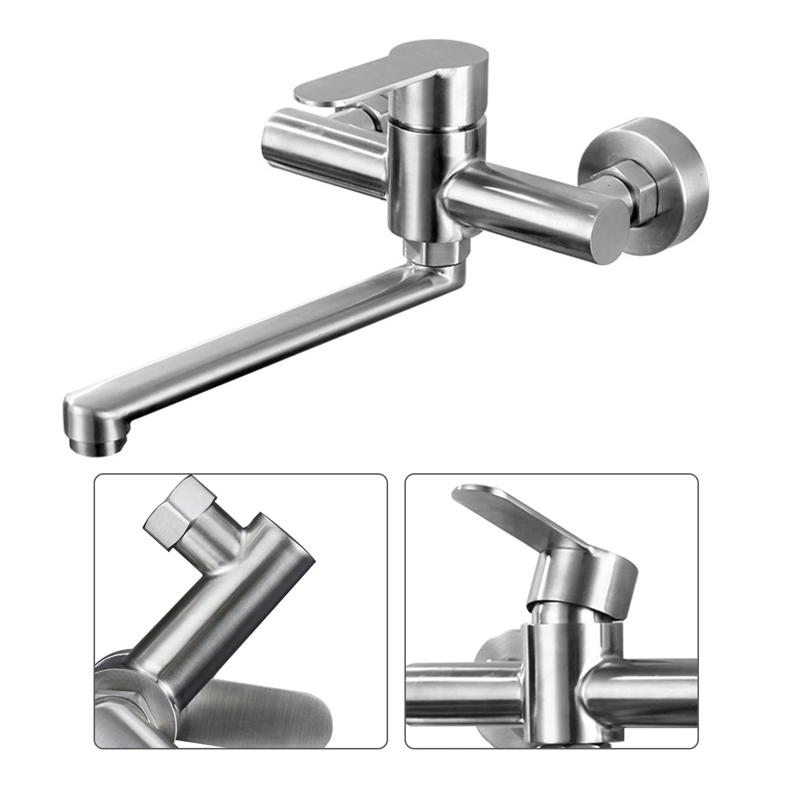 Silver Wall-Mounted Stainless Steel Rotatable Kitchen Faucet 360° Single Handle Hot and Cold Water Faucet For Both Homes Etc