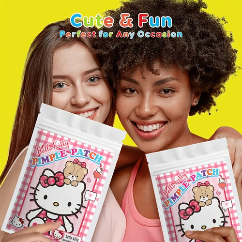 Hydrocolloid acne patch set with Hello Kitty themed sachets, held by two people