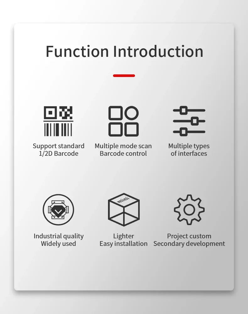 Instruction graphic with icons for a fixed barcode scanner feature set