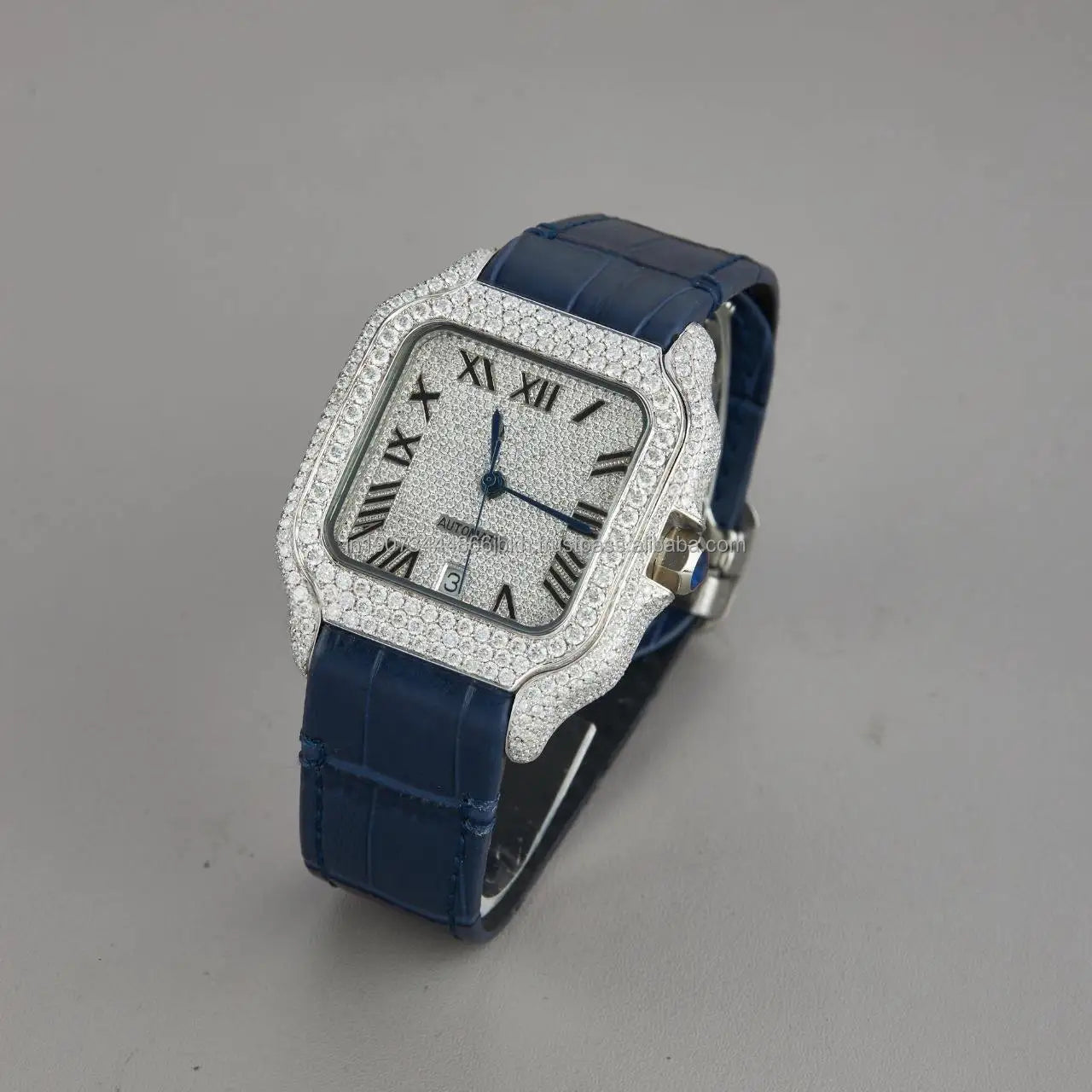 Harmonic Jewels High-End Diamond Square Women's Automatic Watch Sapphire Crystal Analog Stainless Steel Case Blue Leather Strap