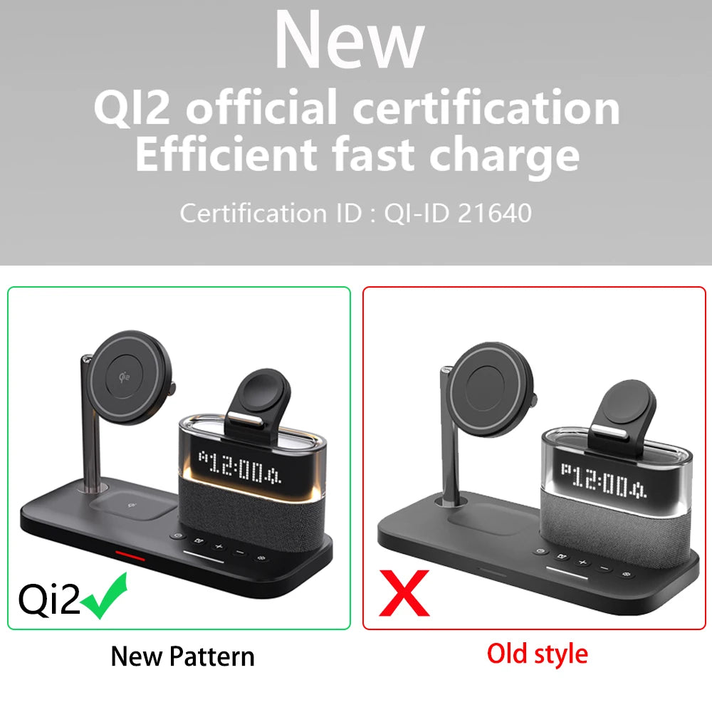 QI2 Wireless Charger Fast MagSafe Alarm Clock For Apple Air Pods iWatch iPhone Phone Holder sound RGB Night Light Bedroom Office