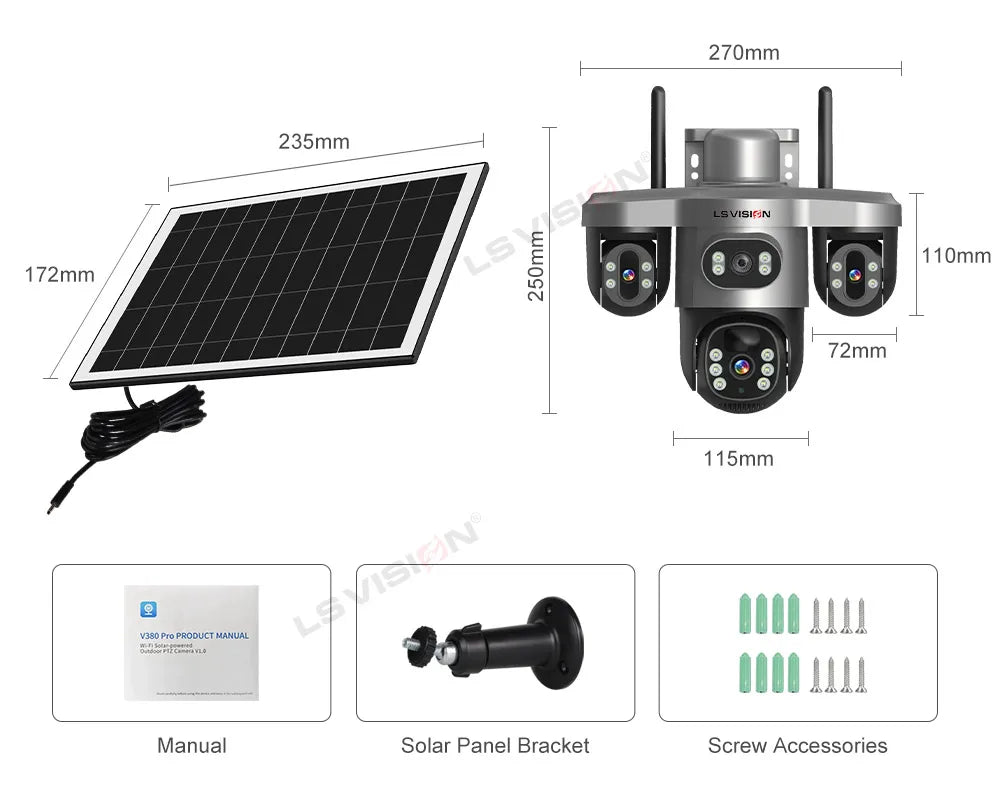 LS VISION 4G / WiFi Solar Camera 3Lenses Outdoor 15MP 4K Low Power Battery IP Camera PIR Night Vision V380 Pro CCTV Security