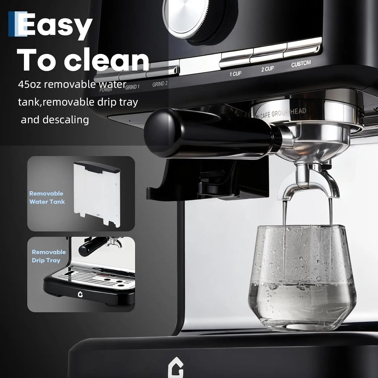Black espresso machine with 45oz removable water tank, drip tray, and chrome group head.