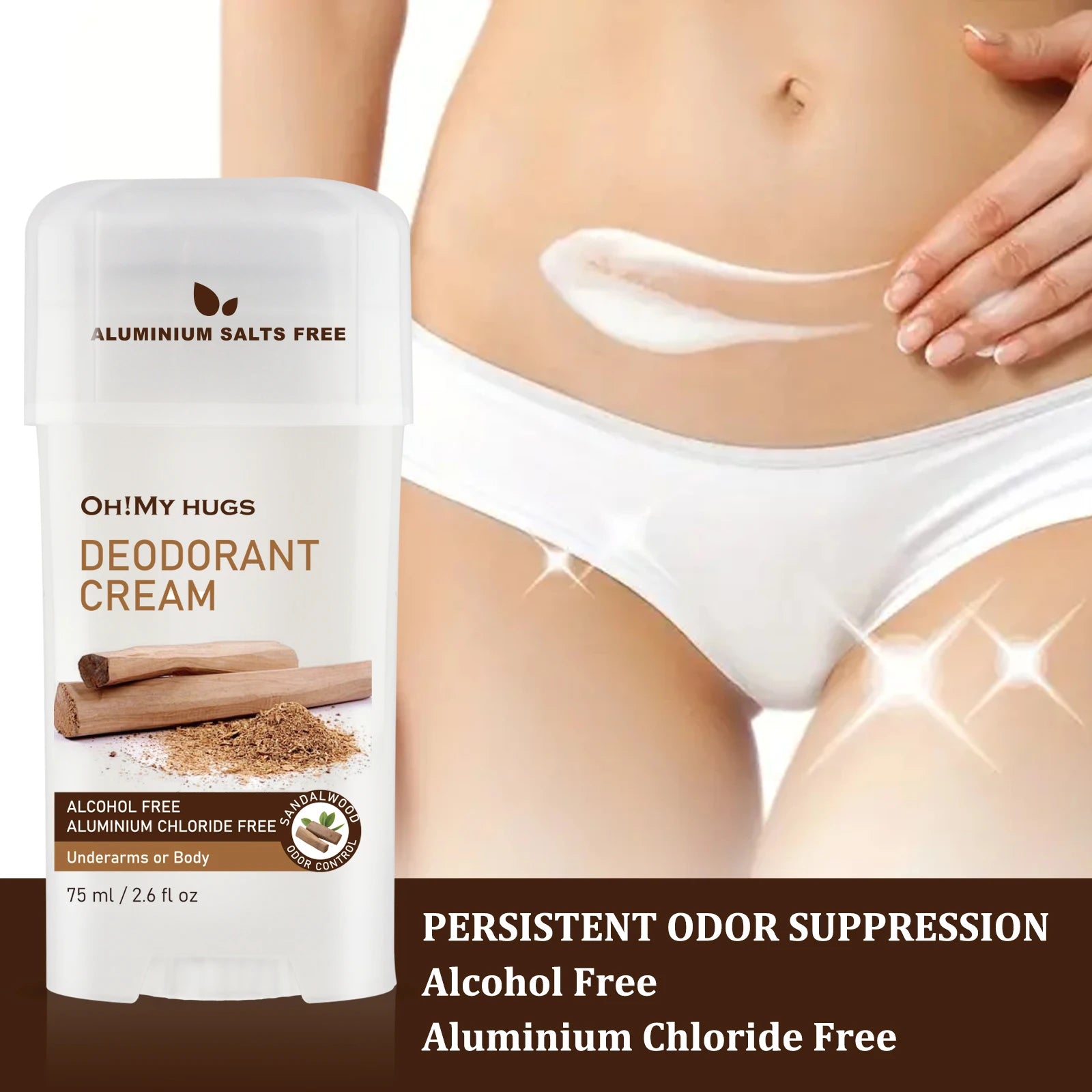 Persistent Sandalwood Deodorizing Cream in white stick applicator with smooth white lotion texture for body odor control.