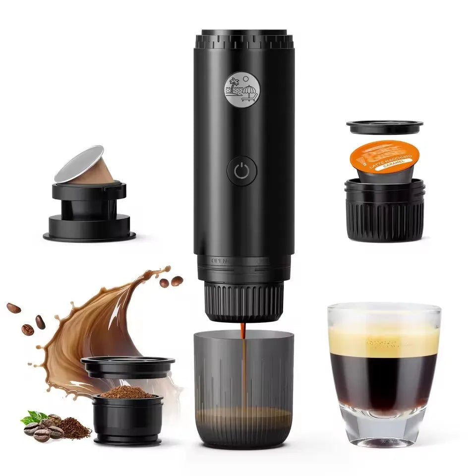 Portable black electric espresso maker with capsule and ground coffee adapters, brewing into a cup with crema.