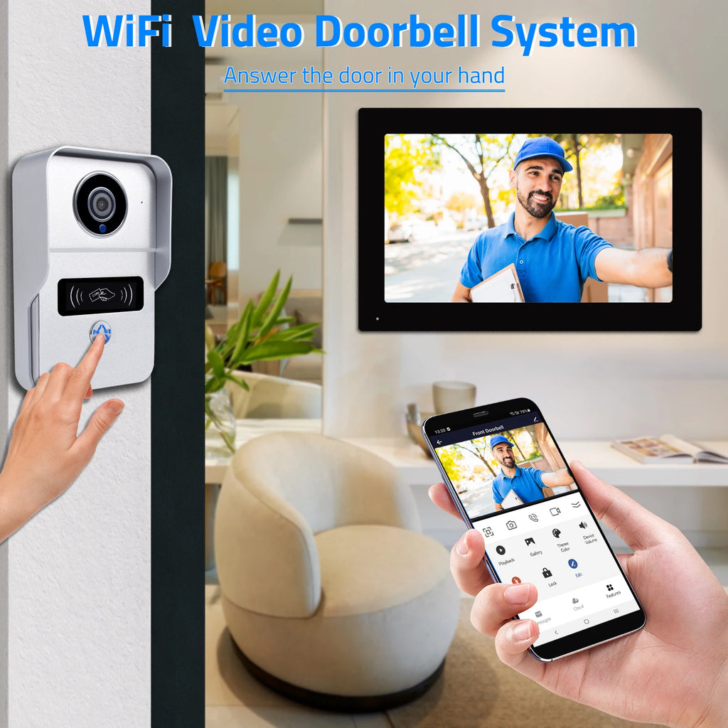 Wireless Wifi Video Doorbell System, 1080P Doorphone Door Camera, 7 Inch Touch Screen, Video Intercom 32GB Card for Home 4 Wire
