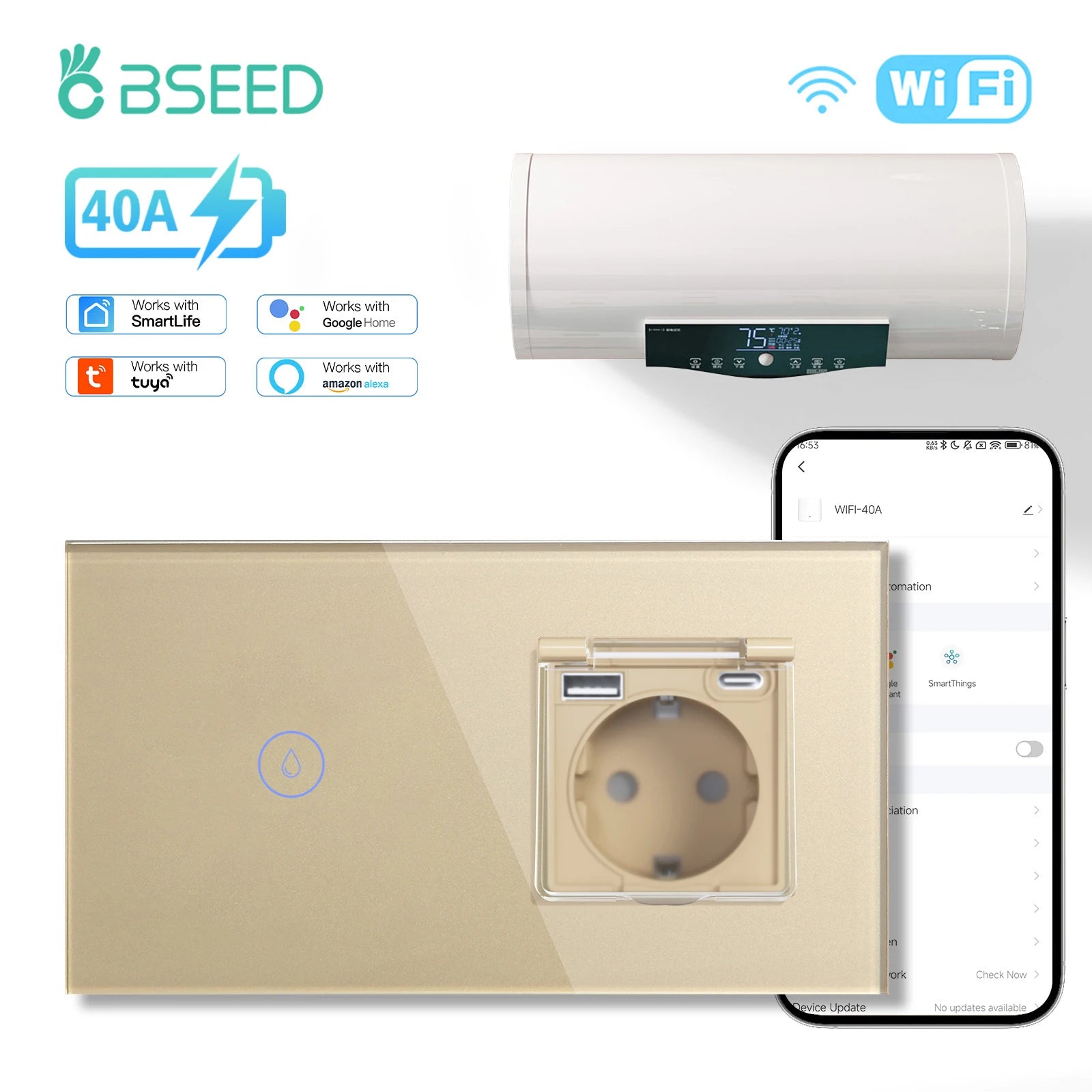 Tidesmit BSEED Matter compatible Wifi smart water heater switch 40A touch boiler control for EU home automation