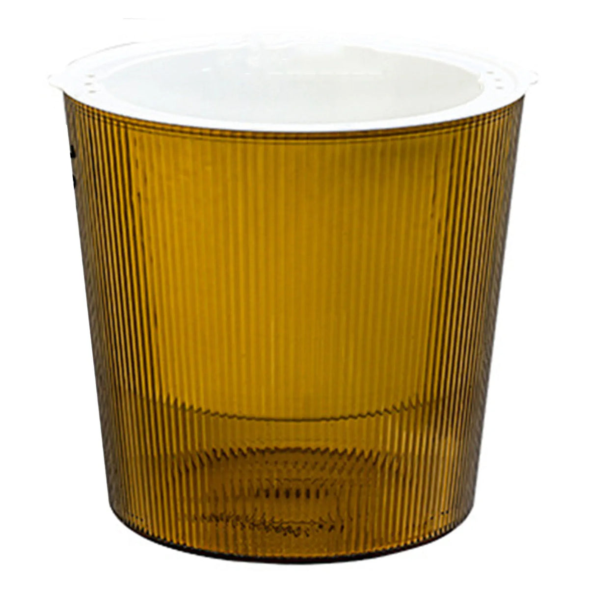 Self-watering planter pot with translucent amber yellow body and ribbed sides