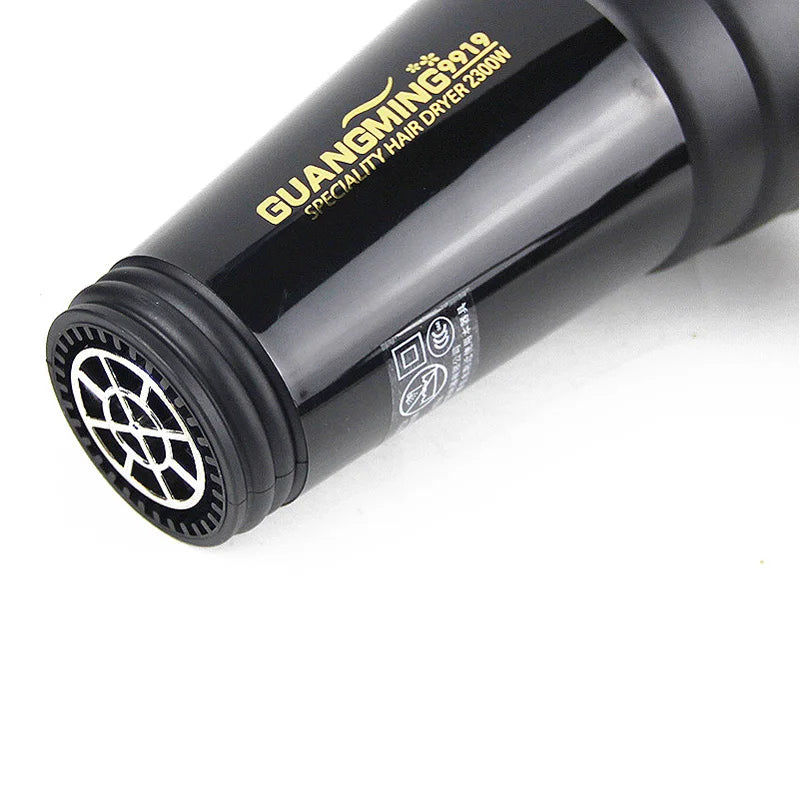Black 2300W professional salon hair dryer nozzle detail for fast, powerful blow drying and styling.