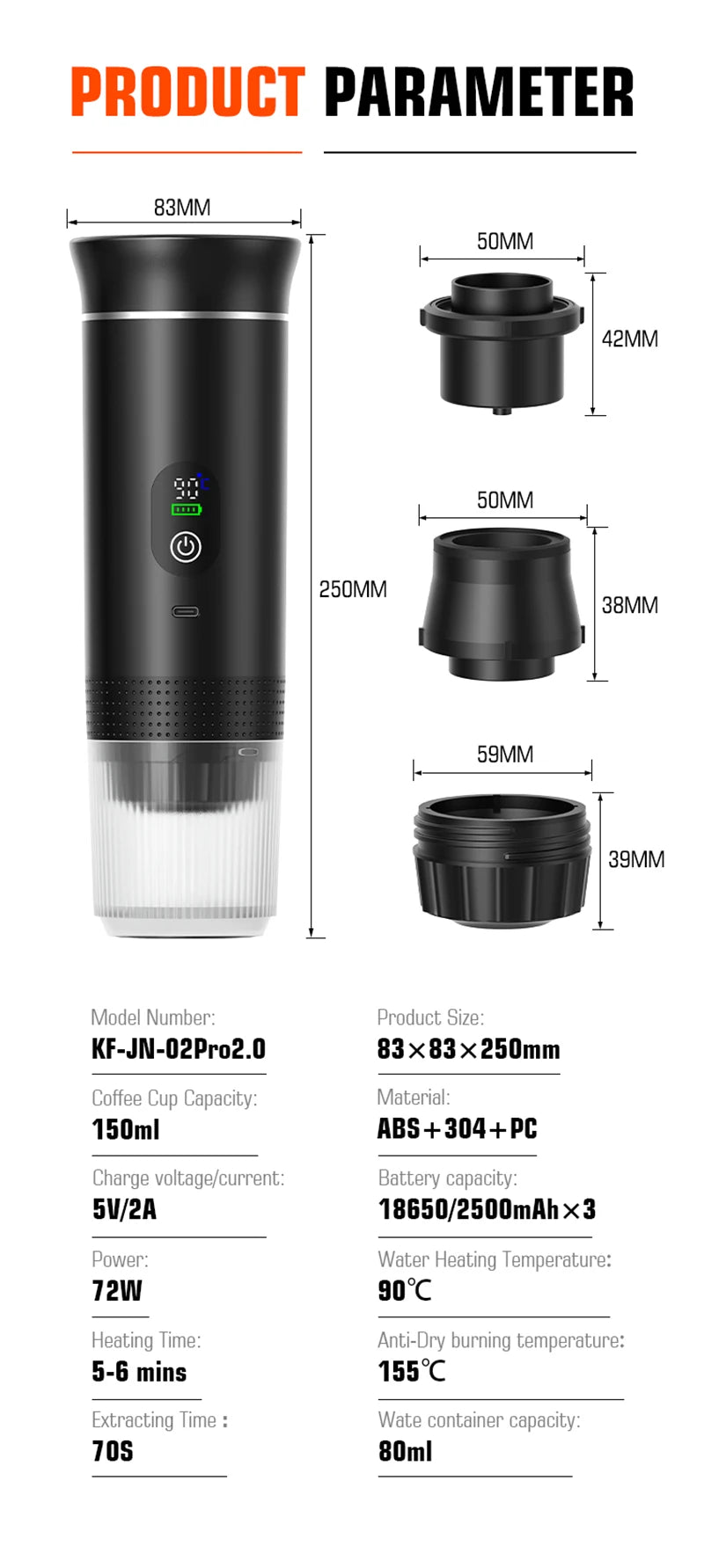 Black portable coffee maker (KF-JN-02Pro2.0) with 150ml capacity, digital display, and ABS/304 stainless steel build.