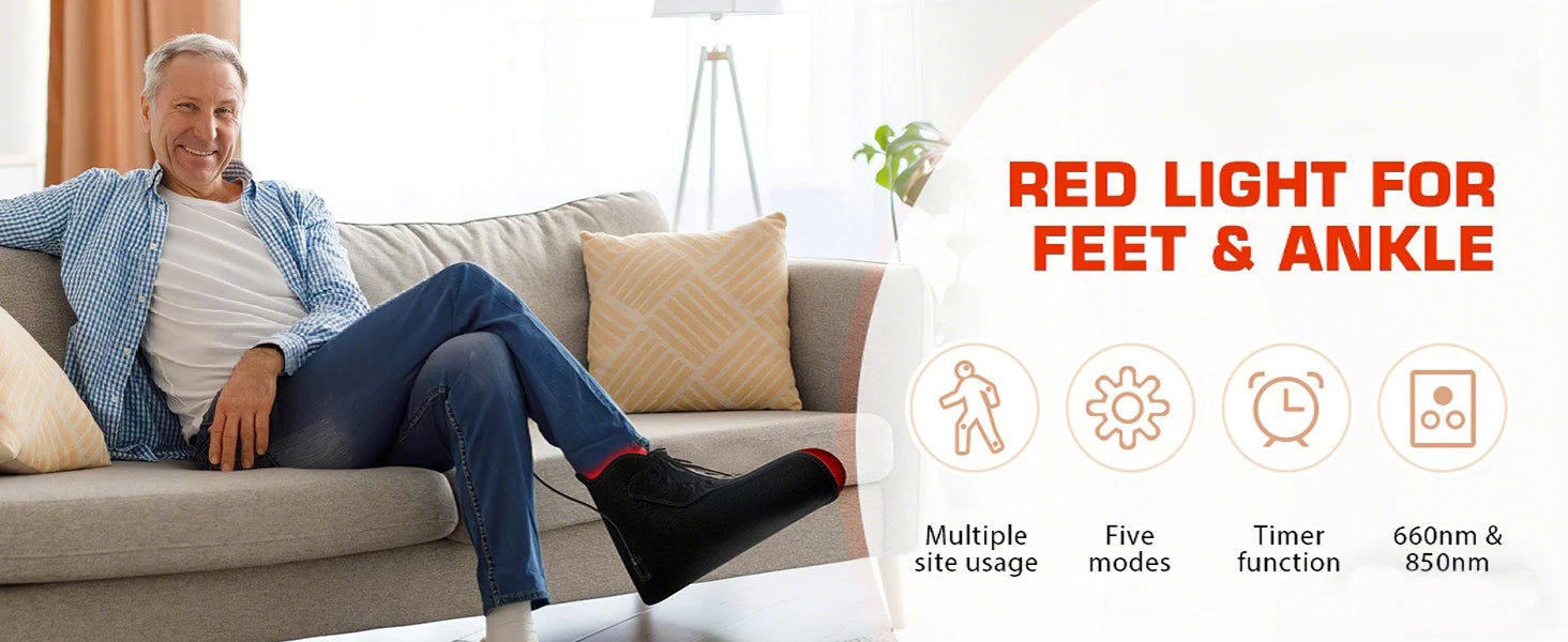 Man using black infrared red light therapy shoe wrap for foot and ankle pain relief on sofa at home.
