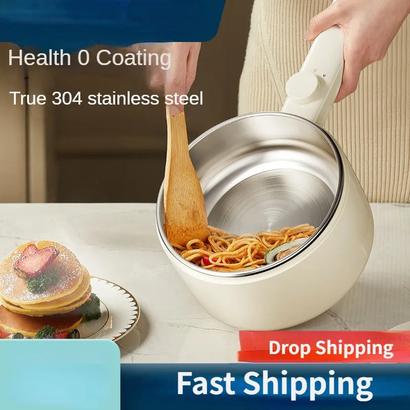 Electric hot pot inner stainless cooking pot with wooden spoon and noodles inside