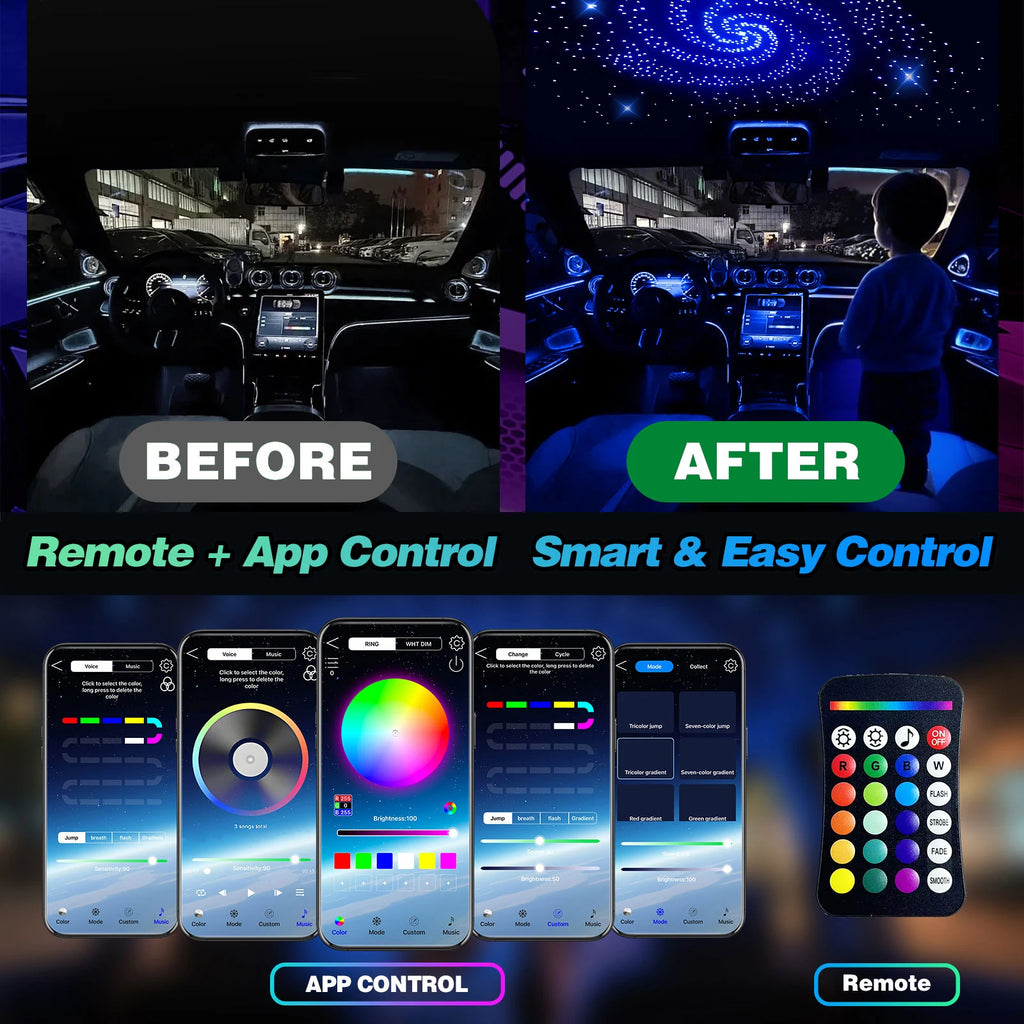 Car Home Use APP Control Fiber Optic Light Kit, 16W RGBW Music Mode Star Ceiling Sky Light with 500/1000 Strands 6.5ft/ 2m Optical Fiber Cable, and More Than 10 Million Colors