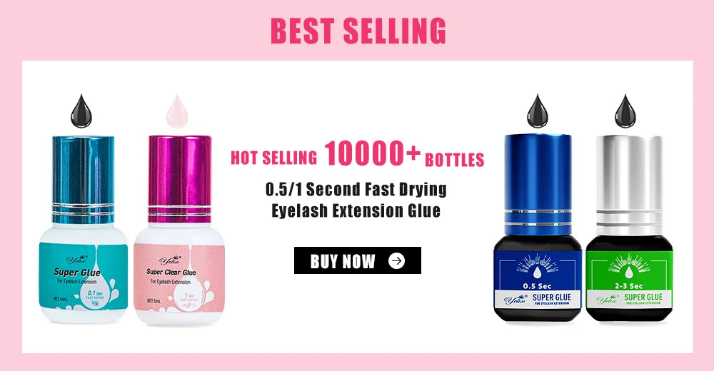 Four bottles of Yelix fast-drying eyelash extension glue in various colored packaging with dropper icons above.