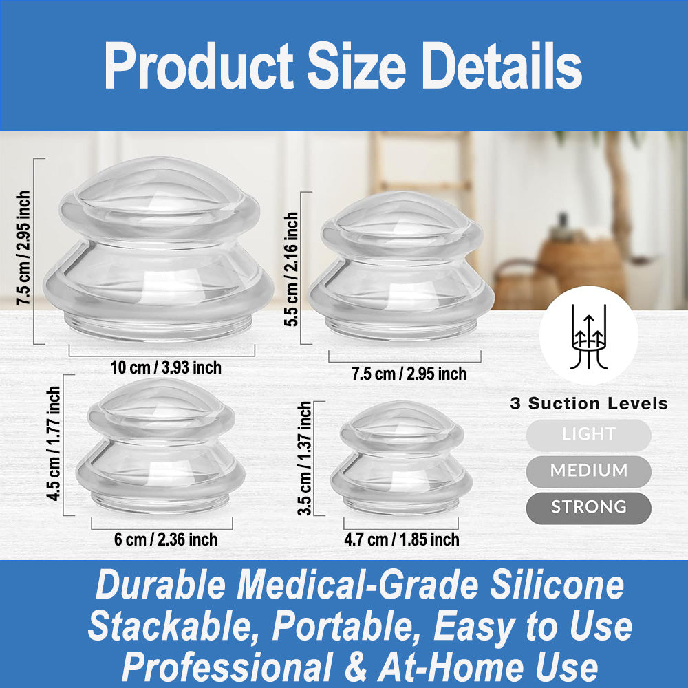 Four clear, dome-shaped silicone cupping jars of various sizes with dimension labels and suction level indicators.