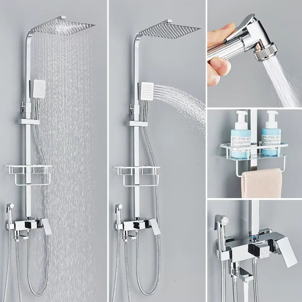 Rainfall Bathroom Shower Faucet Kit With Bidet Wall Mounted Stainless Steel Hot Cold Water Mixer Tap System With Rack,Tub Spout