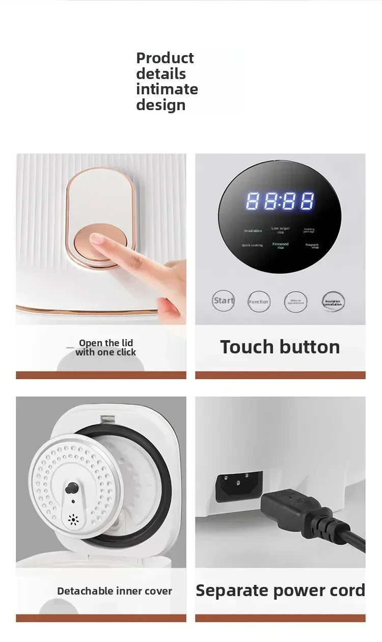 White rice cooker product details: touch panel and detachable lid shown