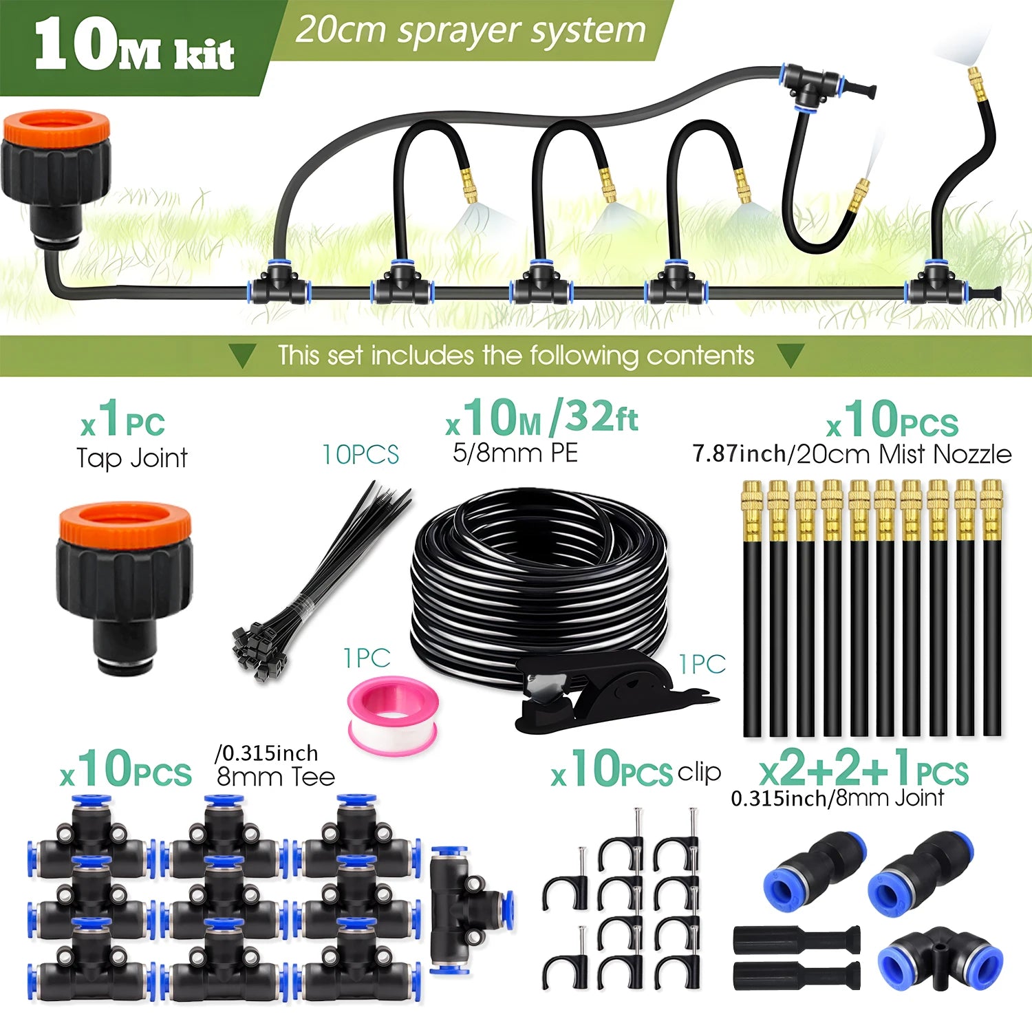 30M-5M DIY Free Bending Universal Sprayer Kit 8mm Hose Patio Misting Cooling System for Garden Plant Fogging Watering Irrigation