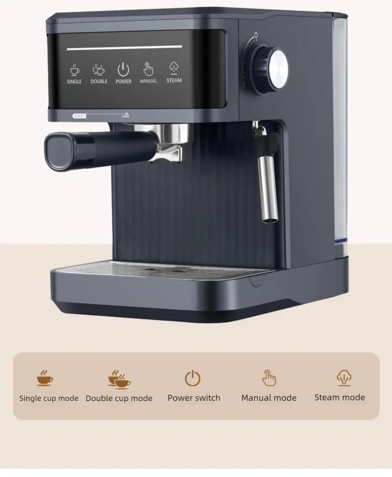 Dark grey espresso machine with steam wand, touchscreen control panel, and portafilter for single or double shots.