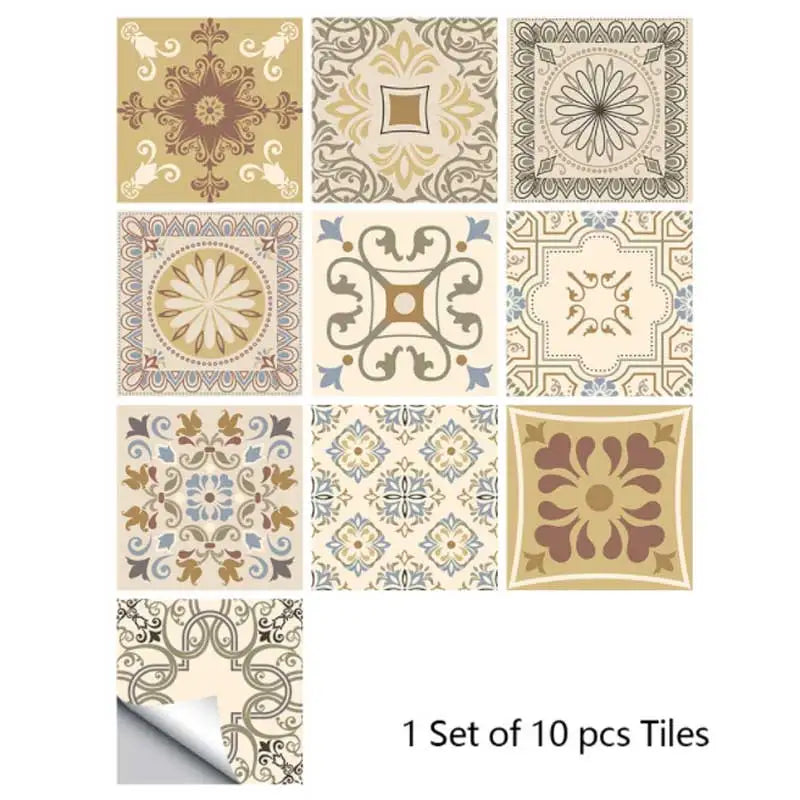 Moroccan vintage tile stickers, light beige and tan floral motifs, set of 10