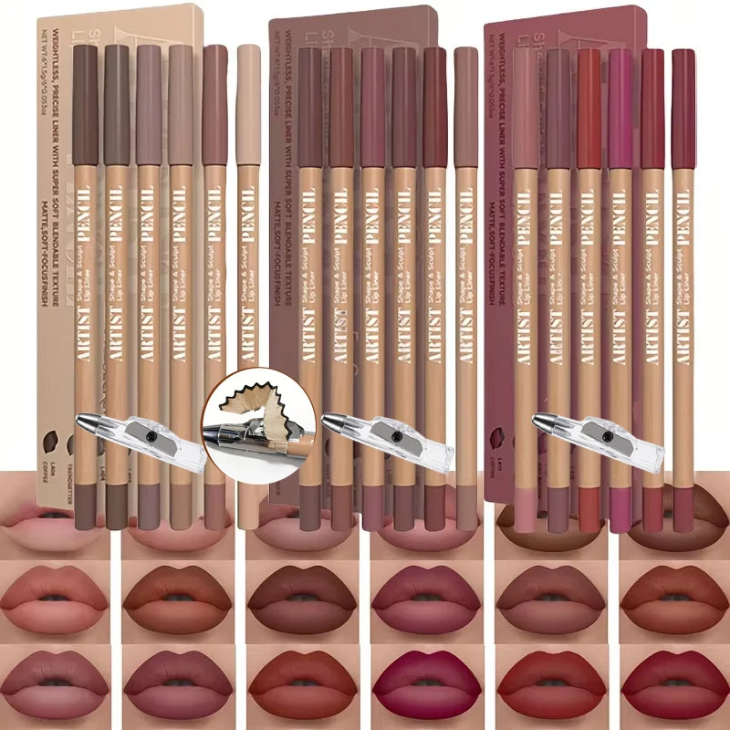 7-piece matte lip liner set with pencil sharpener in assorted nude, brown, and berry shades for long-lasting wear.