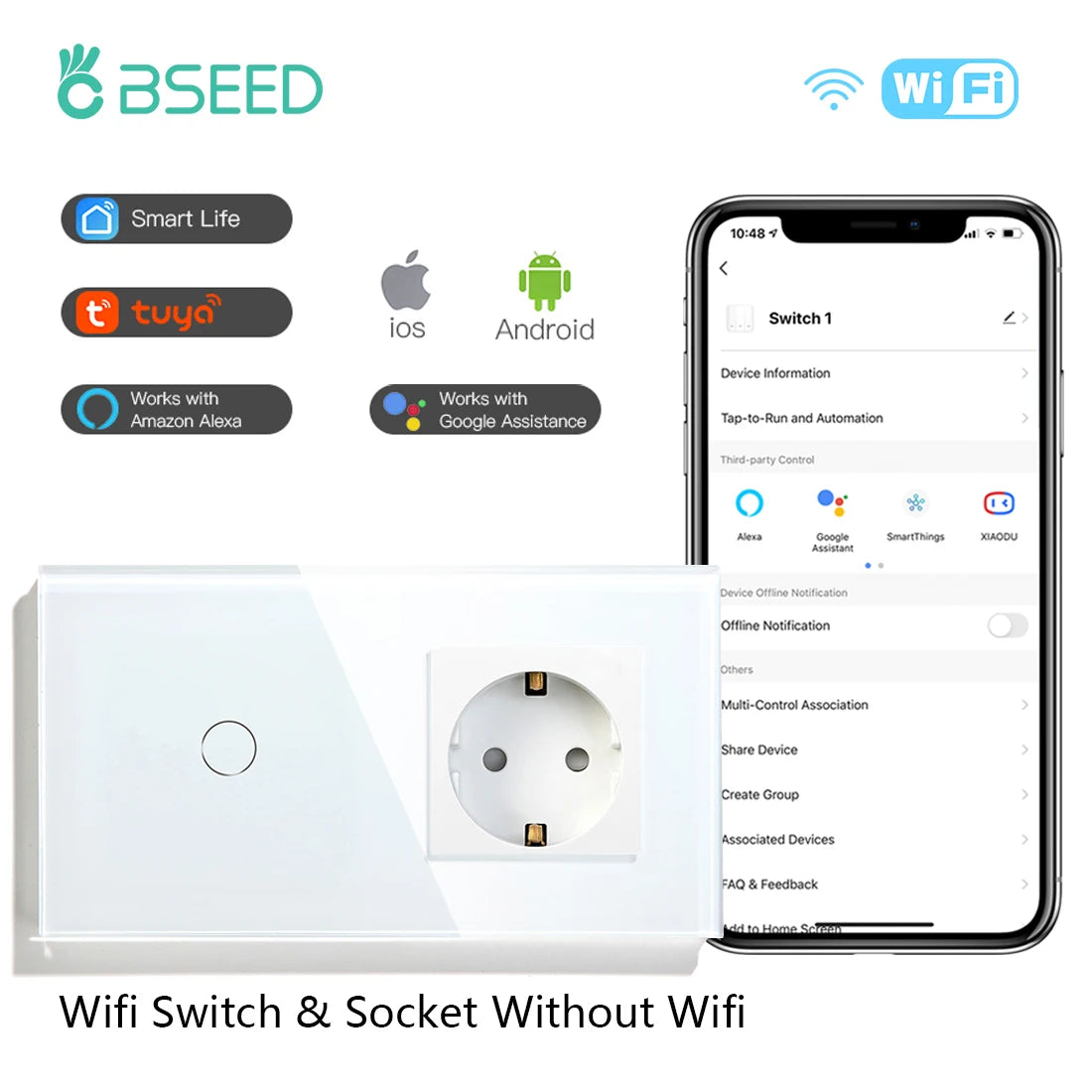 WiFi Smart Wall Switch with USB-C Port - Glass Panel Tidesmit 1Gang EU Socekt EU standard Tidesmit