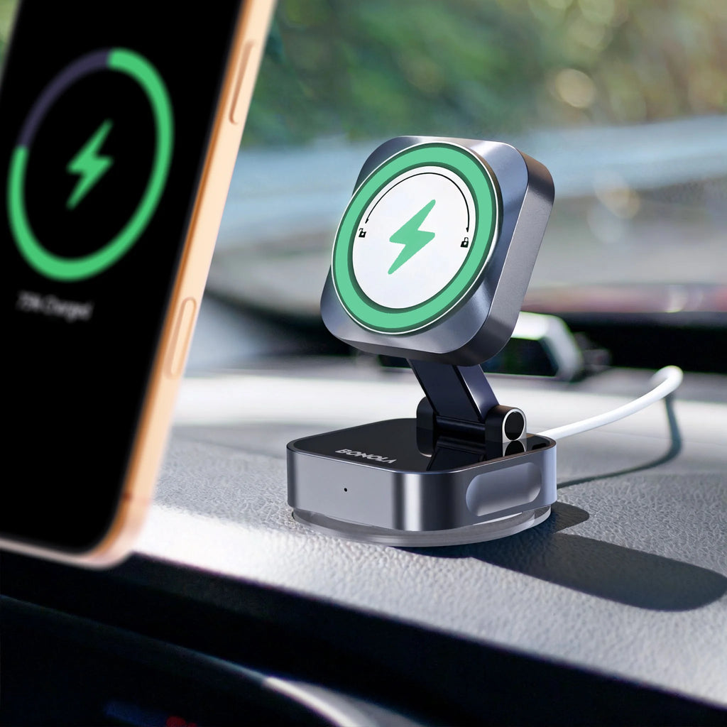Wireless Car Charger Vacuum Suction Stand - Qi Certified for iPhone 16 Gray Tidesmit