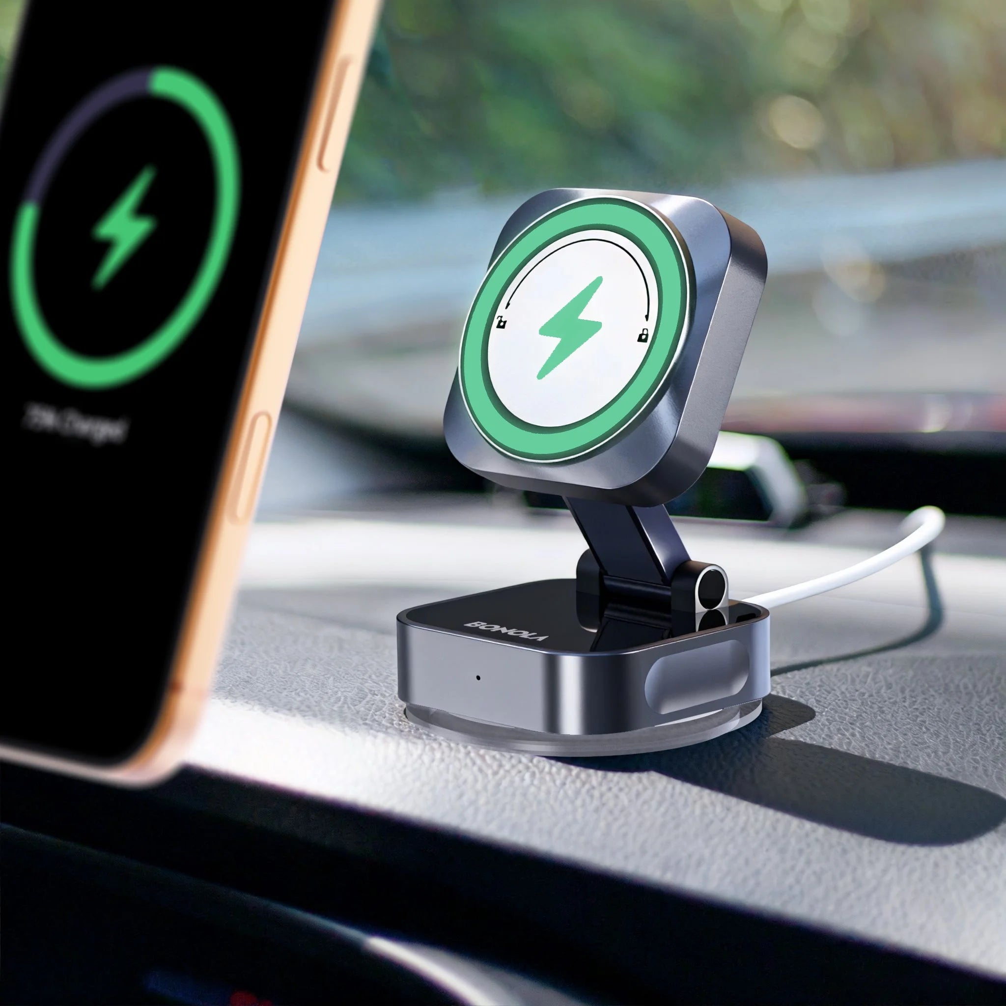 Bonola Suction Cup Car Wireless Charger Foldable for iPhone 17/16/15/Android 15w Magnetic Wireless Charging Vacuum Suction Stand