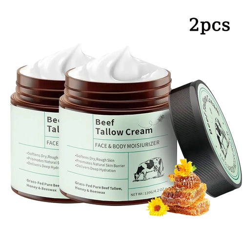 Beef tallow face and body moisturizer cream set of 2 jars, brown lids, white balm