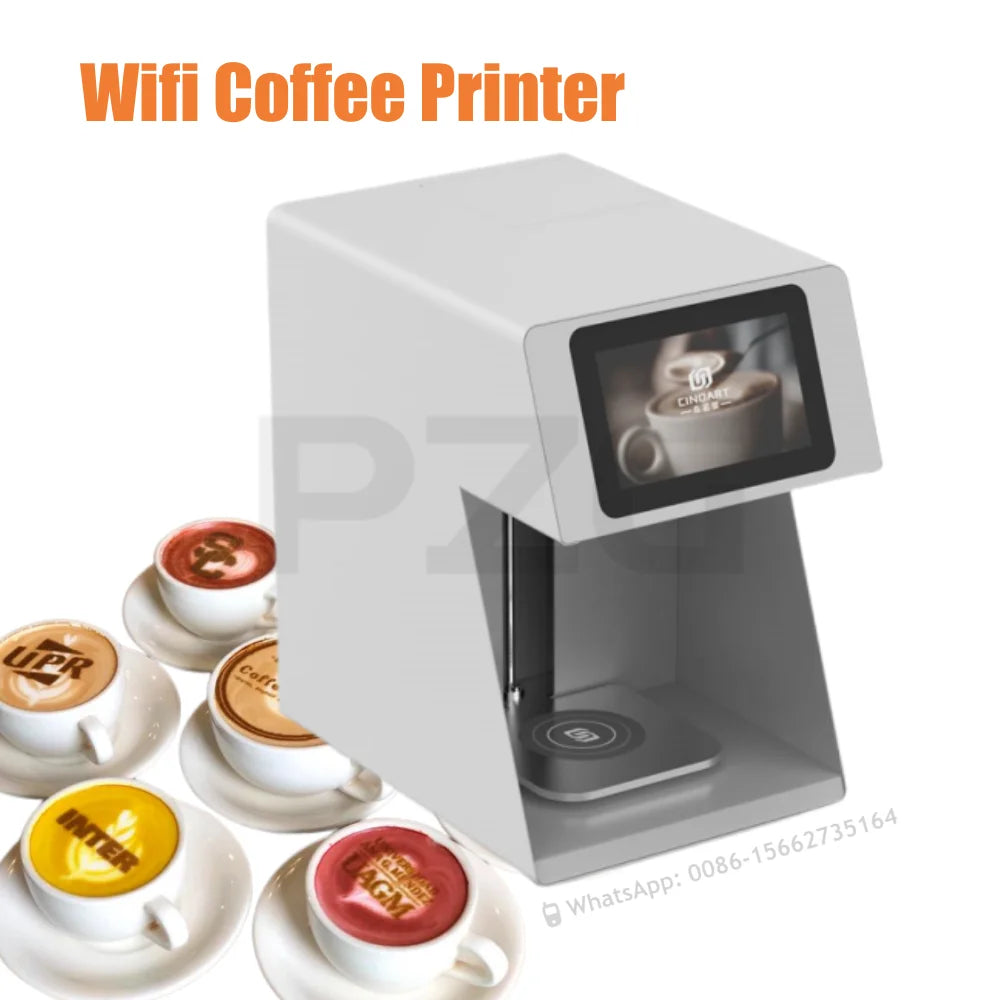 White Cinoart Wi-Fi coffee printer with digital touchscreen for printing custom latte art designs on coffee cups.