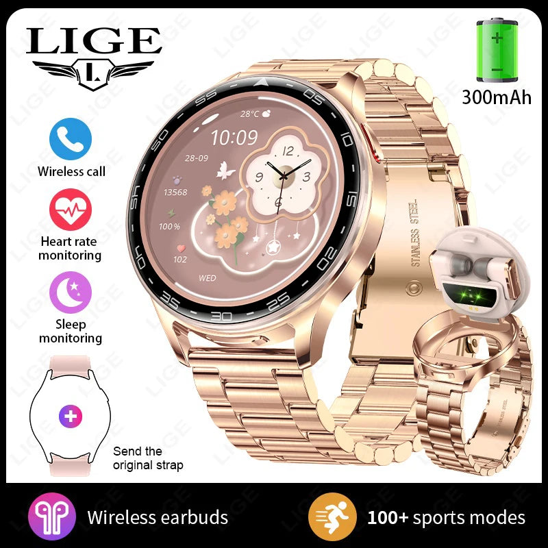 Gold smartwatch with rose-gold metal bracelet and wireless earbuds in charging stand
