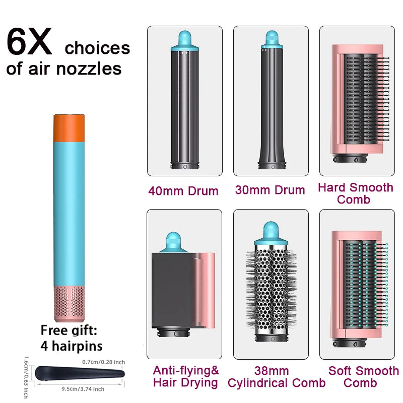 SenCiciMen 6-in-1 multi hair styler with 6 attachments: curling drums, smoothing brushes, and blue/pink dryer handle.