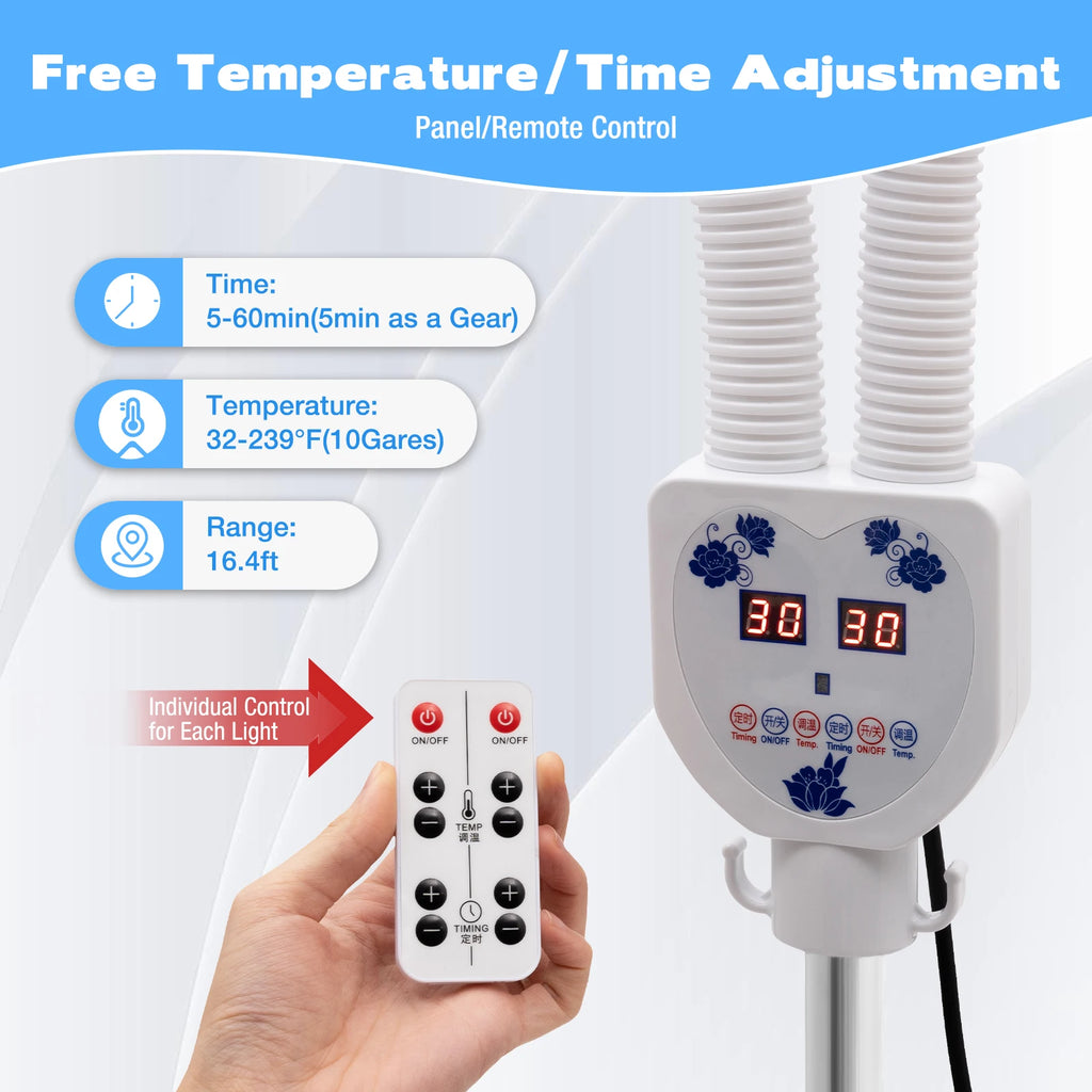 White dual-head heat lamp control box with digital temperature and time displays, remote control, and blue floral