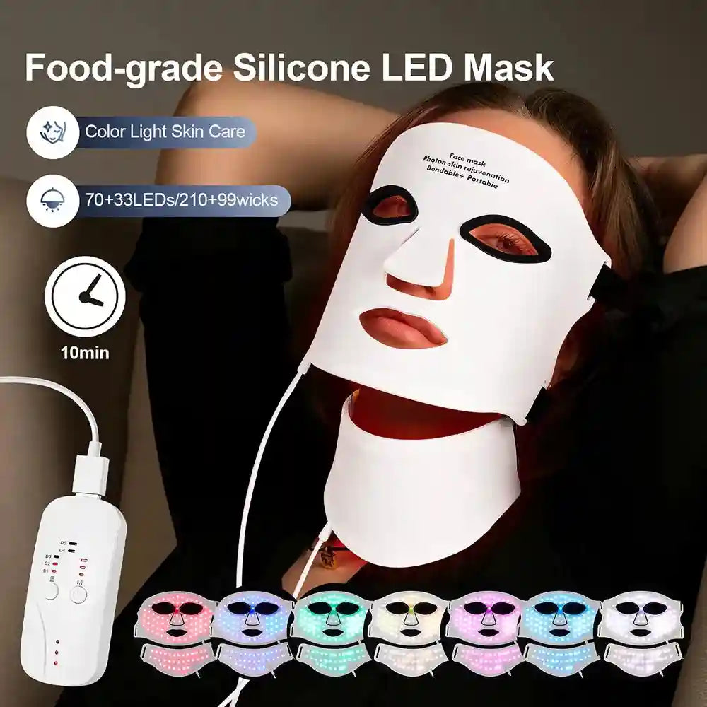 White silicone LED face and neck mask with a wired remote controller and seven different colored light modes.
