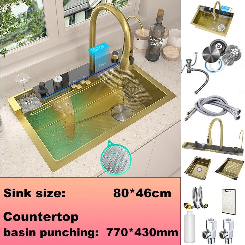 Stainless Steel Kitchen Sink Large Single Slot Multifunctional Waterfall Digital Display Faucet Wash Dish Bowl Undermount Basin