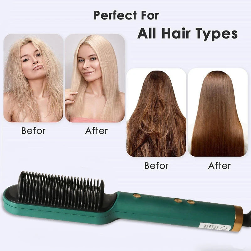 Green portable ceramic hair straightening brush showing before and after hair styling results for all hair types.