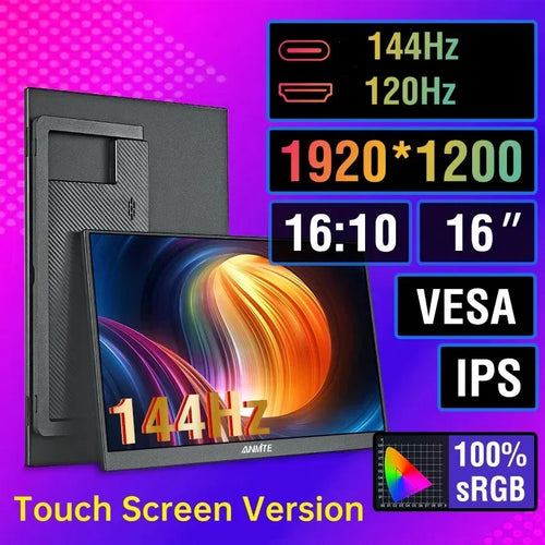 Anmite 16-inch portable monitor with 144Hz, 1200P resolution, and 16:10 IPS display on a purple background.