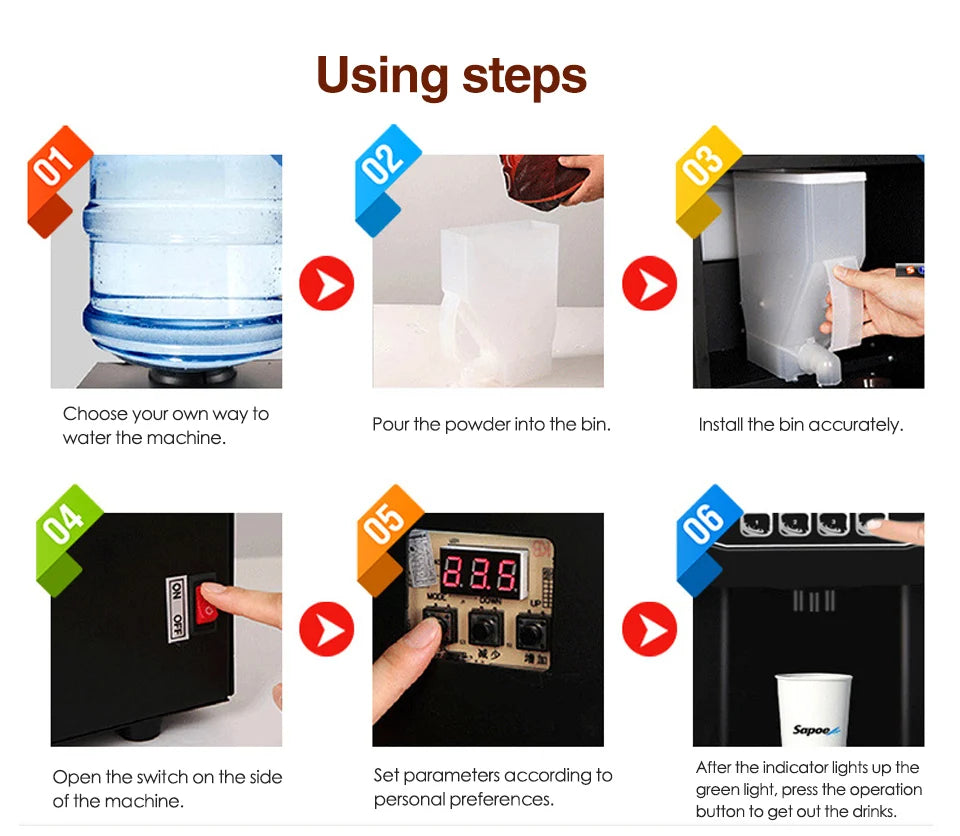 Sapoe instant drink machine operating guide showing water tank, powder bin, digital settings, and dispensing process.