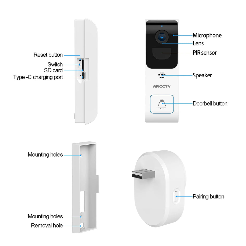 ARCCTV 2K Dual-band WiFi HD Video Doorbell Camera With Two-way Intercom Infrared Night Vision Motion Detection IP66 Waterproof
