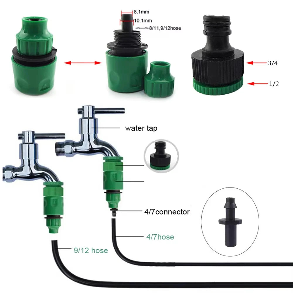 2Pcs Quick Coupling Adapter with 1/4 (ID 4mm) or 3/8'' (8mm) Barbed Connector for Irrigation Garden Watering Gardening Tools