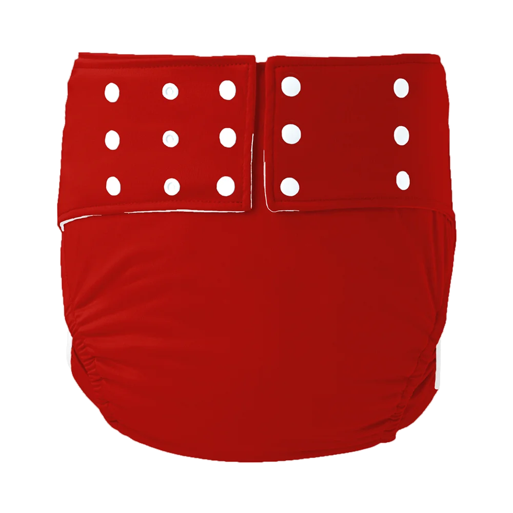 Reusable red cloth baby diaper with adjustable white snap buttons for a customizable fit.