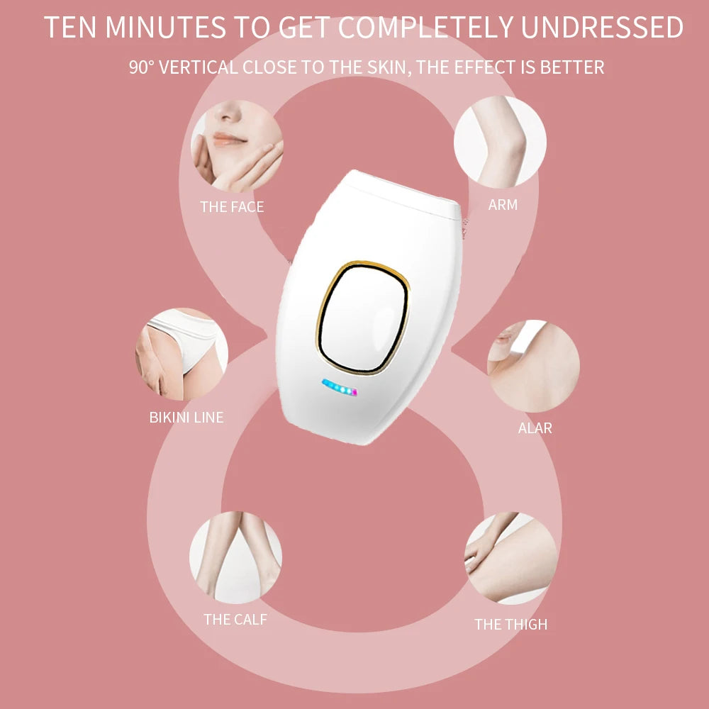 White IPL laser hair removal device for painless home use on face, bikini line, arms, and legs.