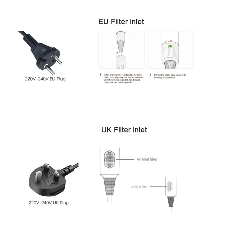 Professional hair dryer plug options and cleaning guide for EU and UK filter inlets for 1600W ionic blow dryer.