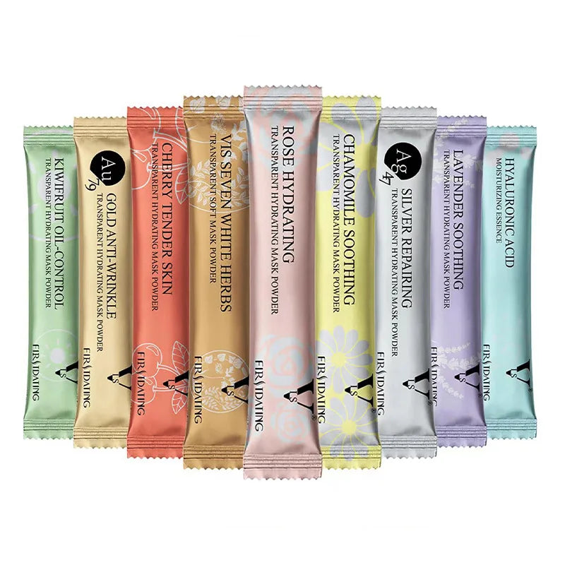 Nine colorful, slender foil sachets of facial jelly mask powder, each labeled with unique ingredients and benefits.