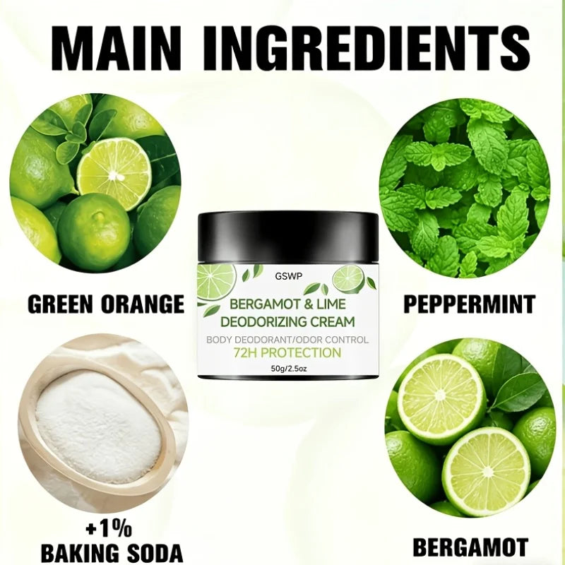 Tidesmit GSWP Bergamot & Lime deodorant cream offering 72-hour all-over body odor protection in 50g and 100g sizes.