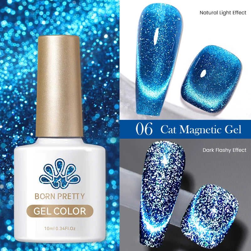 Blue cat eye magnetic gel polish in a 10ml bottle, showing both natural light and dark flashy reflective effects.